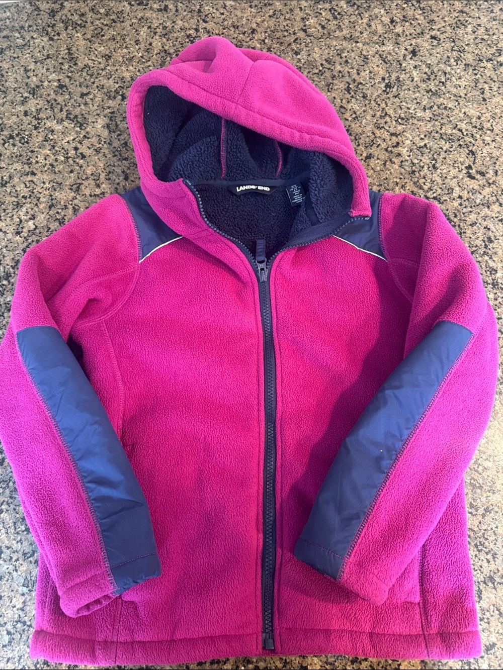 Lands' End Girls' Hooded Fleece Jacket - Bright Magenta with Navy Panels